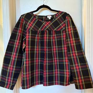 J. Crew red plaid blouse, scoop neck, slightly gathered front, size XL